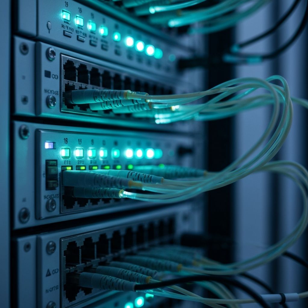 Fiber optic cables and network switches with LED indicators