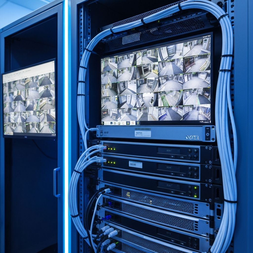 Network Video Recorder displaying multiple security camera feeds on monitoring screen